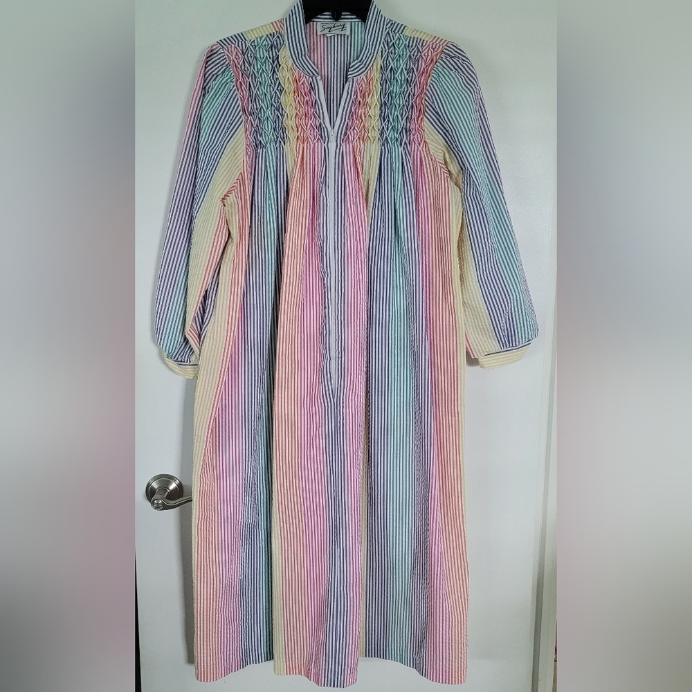 Vintage Styled by SAYBURY Kaftan House Dress Robe Striped Zip Sz S Seersucker